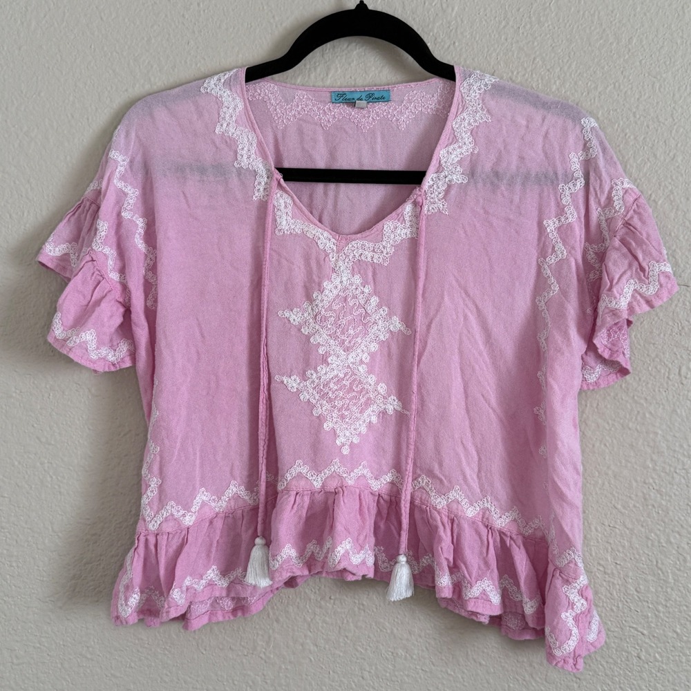 Fleur‎ de Pirate Pink Embroidered Cotton Boho Festival Top Ruffle Size 6 Indie